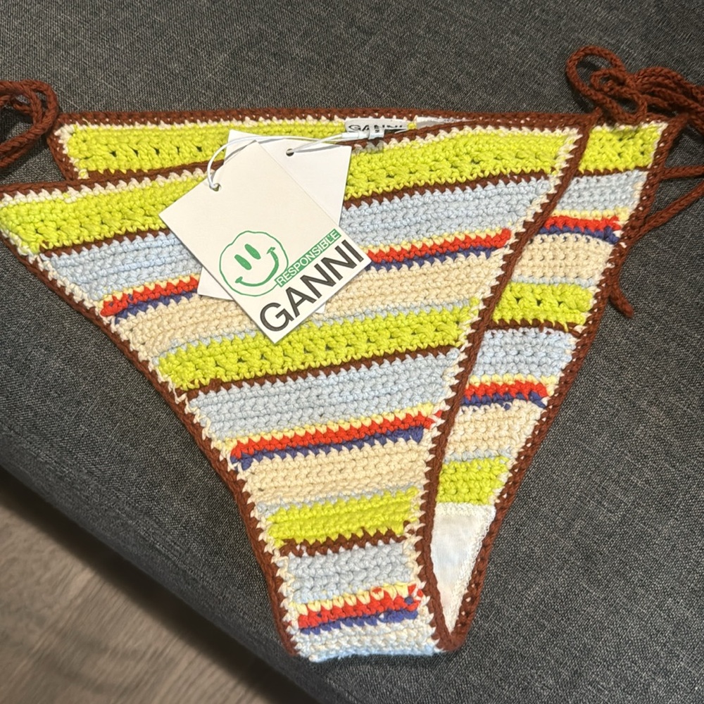 Ganni Crochet Stripe Bikini Bottom in Lime, Light Blue, Cream & Brown